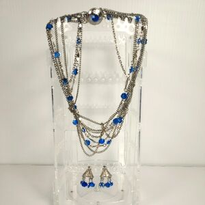 Vintage Celebrity Silver Blue Jewelry Set MultI Chain Necklace Clip On Earrings